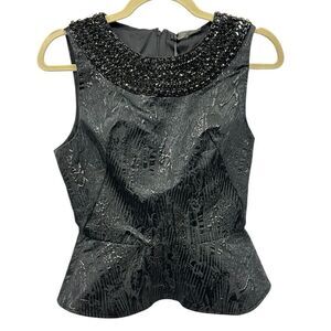 Amen Couture Black Beaded Jacquard Peplum Cocktail Top | Size 4